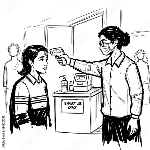 Woman conducting temperature check on girl in healthcare setting
