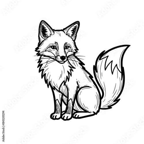 Cute illustrated fox sitting with a bushy tail in monochrome style