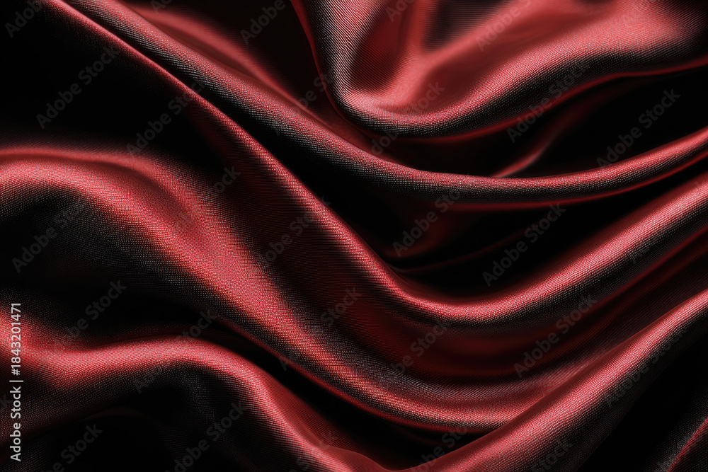 Fototapeta premium Satin red fabric on a black background. Abstract design 