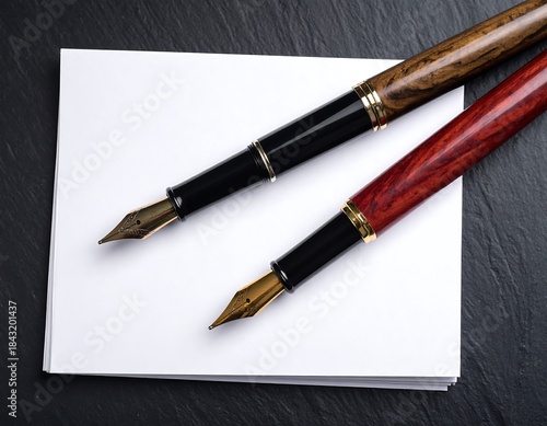 Close-up of two elegant writing instruments lying over a stack of plain white paper