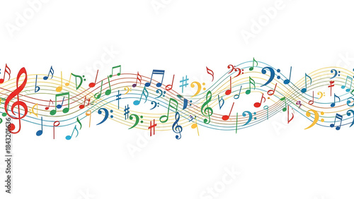 Vibrant, flowing music notes on a staff in a colorful illustration