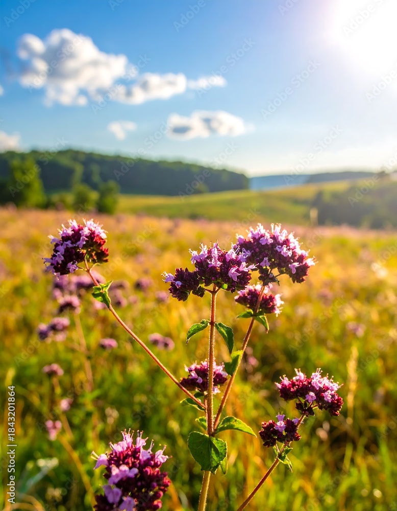 Obraz premium Close-up of purple wildflowers in a sun-drenched field with distant trees under a bright sky