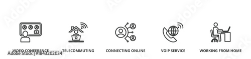 Remote working banner vector illustration concept  with icon of video conference, telecommuting, connecting online, VOIP, and working from home