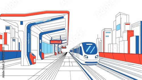 Modern vector illustration of a high-speed train at a futuristic urban transit station, symbolizing city connectivity and efficient public transportation infrastructure