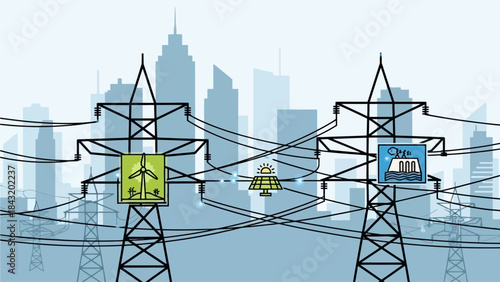 Renewable energy sources powering a modern cityscape through high-voltage transmission lines