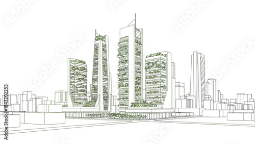 Visionary urban skyline featuring modern skyscrapers integrated with lush vertical gardens, symbolizing sustainable architecture and eco-friendly city development in a futuristic metropolis