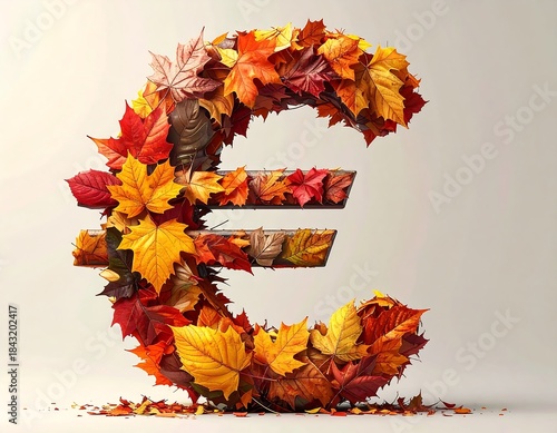 Euro symbol adorned with colorful autumn leaves against a white background