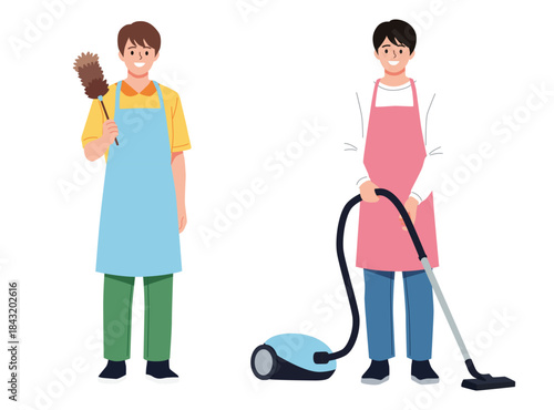 men in aprons are performing household chores. holding a feather duster and using a vacuum cleaner. cleaning and domestic work