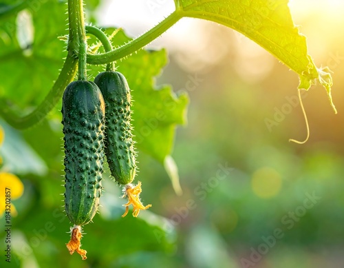 Close-up of two fresh cucumbers with blossoms, growing on a vine, backlit by the sun
