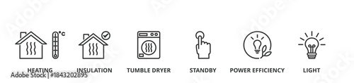 Save energy banner web icon vector illustration concept with icon of heating, insulation, tumble dryer, standby, power efficiency and light