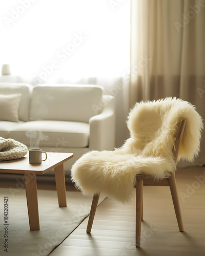 Cozy living room with sheepskin chair and sofa