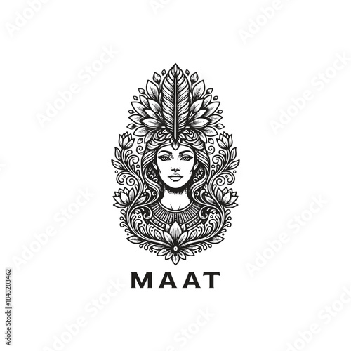 Ancient Egyptian goddess Maat illustration with a sacred feather crown and ornate floral patterns in vintage engraving style