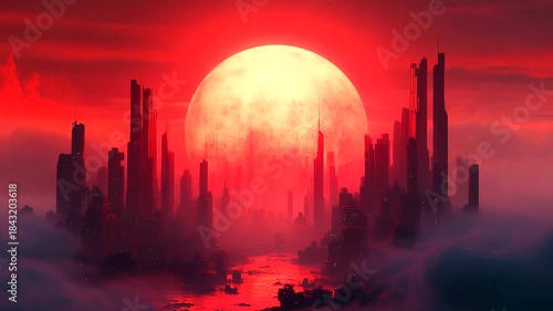 Futuristic cityscape under a red moon at dusk