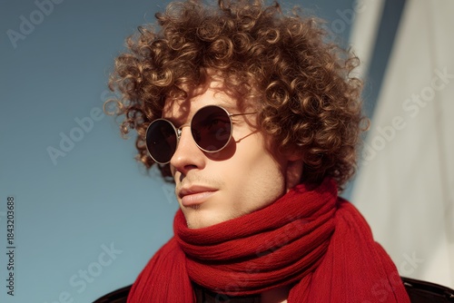 Stylish man with curly hair and sunglasses looks off into the distance in the sunlight