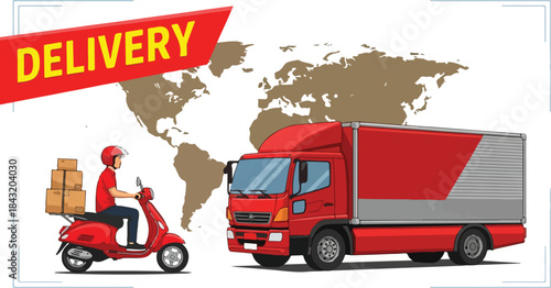 Delivery concept with a courier on a scooter and a truck against a world map background
