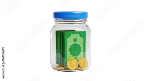 Clear Glass Jar With Blue Lid Filled With Stacked Green Banknotes And Gold Coins On Transparent Background Realistic 3D Render