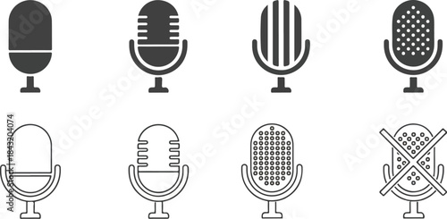 Collection of eight different microphone icons in black and white on a clean background.