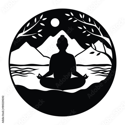 Meditation Silhouette in Zen Nature Scene 