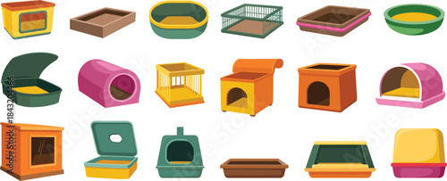 Assortment of Pet Cages Houses and Litter Boxes Keywords: pet, animal, cage, house, shelter