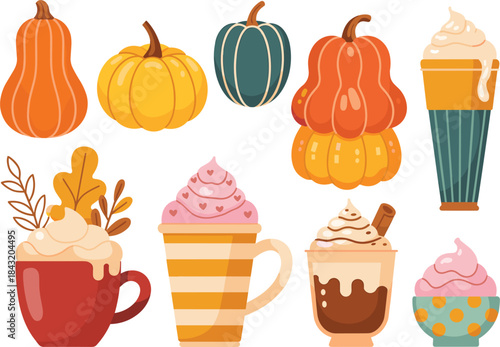 Autumn Harvest Pumpkins and Hot Drinks Collection Keywords: autumn, fall, pumpkin, squash, gourd