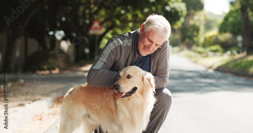 Photography Happy, park and senior man with dog for fresh air, walking and exercise together for animal care