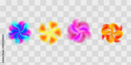 Colorful smooth blurred gradient flower set. Bright blurry aura shape collection. Fading abstract elements for poster, template, badge, sticker, collage.