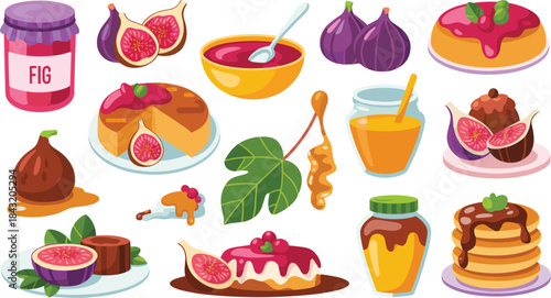 Fig Jam Cake Pancakes and Honey with Fresh Figs and Leaves Keywords: fig, figs, jam, cake