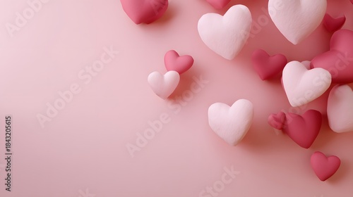 Pastel colors, light pink background, dark pink hearts of various sizes in the background