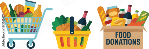 Grocery shopping cart basket and donation box filled with food Keywords: grocery, shopping, food