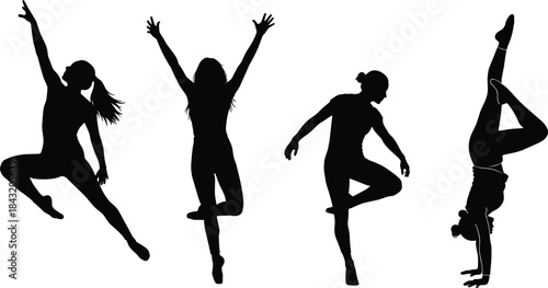 Dance and gymnastic silhouette illustration, expressive body movement icon, black vector artwork, cad drawing flat vector illustration
