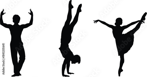 Dancer silhouette illustration, elegant poses, handstand, balance, movement, black vector, artistic expression, cad drawing flat vector artwork