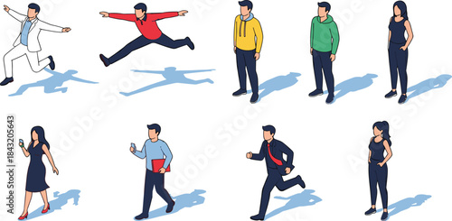 Group of illustrated people in dynamic poses, casual and formal outfits, phone gesture, flat vector, cad drawing flat vector illustration