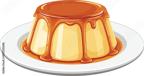 Flan dessert illustration, caramel custard on plate, sweet food vector, creamy texture, flat drawing, cad artwork for recipe