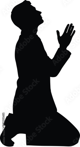 Kneeling person silhouette, prayer gesture, spiritual devotion, formal attire, black vector, symbolic pose, cad drawing flat vector illustration