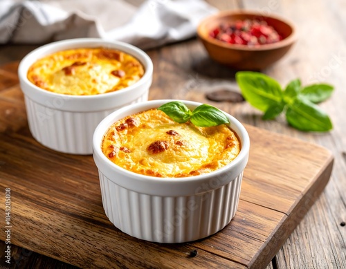 Close-up of two individual baked food servings in white dishes on a wooden cutting board