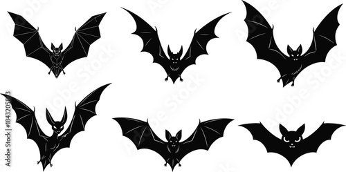 Stylized bat illustration set in flight, spooky cartoon silhouettes, Halloween animal icon, black vector, cad drawing flat vector illustration