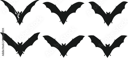 Stylized bat illustration set in flight, varied wing shapes and body design, black vector icon, cad drawing flat vector 
