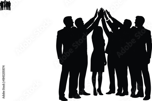 Team unity silhouette illustration, seven professionals high-fiving in circle, collaboration gesture, black vector, cad drawing flat vector artwork