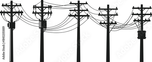 Utility pole illustration with transformers and power lines, electrical distribution icon, black vector artwork, cad drawing flat vector illustration