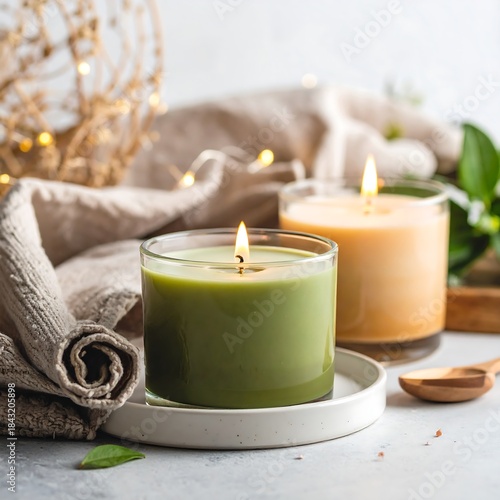 Close-up of two lit candles with glass jars, leaf accents and wood spoon
