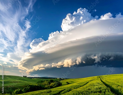 Expansive, vibrant vista of a grassy field beneath a dramatic cloudscape