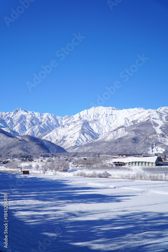 雪景色の白馬村と北アルプス