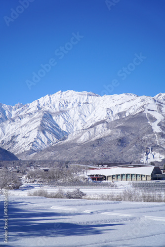 雪景色の白馬村と北アルプス