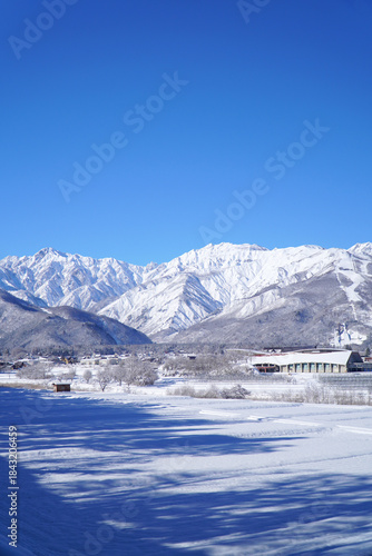 雪景色の白馬村と北アルプス
