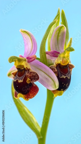Close-up of two orchids, with purple and yellow accents, on a pale blue background