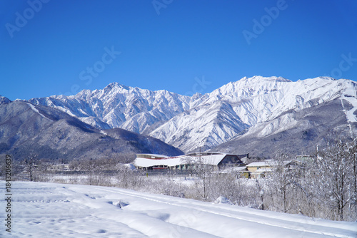 雪景色の白馬村と北アルプス