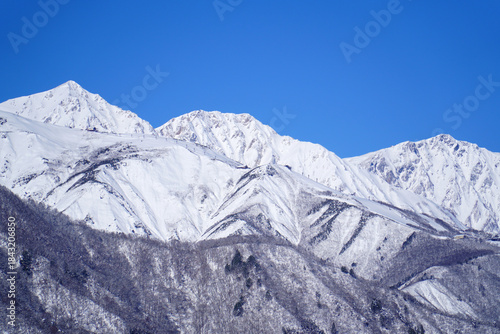 雪景色の白馬村と北アルプス