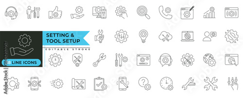 Tool setup line icon set with settings, configuration, maintenance, repair, development and system control symbols for ui, app and web design