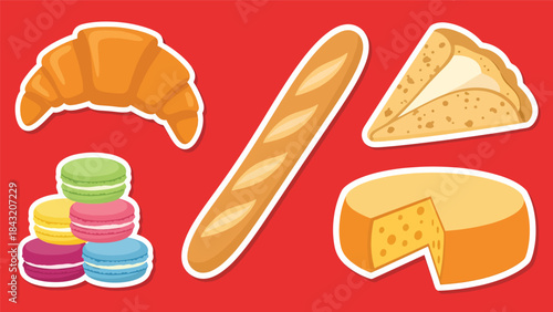 Kawaii French food sticker collection showcasing croissants, macarons, crepes, baguettes, and cheese icons, modern flat vector style, ideal for bakery and café-themed designs