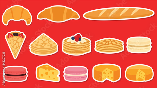Kawaii French food sticker collection showcasing croissants, macarons, crepes, baguettes, and cheese icons, modern flat vector style, ideal for bakery and café-themed designs